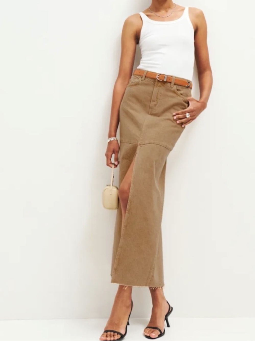 Reformation Tazz Maxi Denim Vintage Marzipan Tan Brown Skirt Size 25